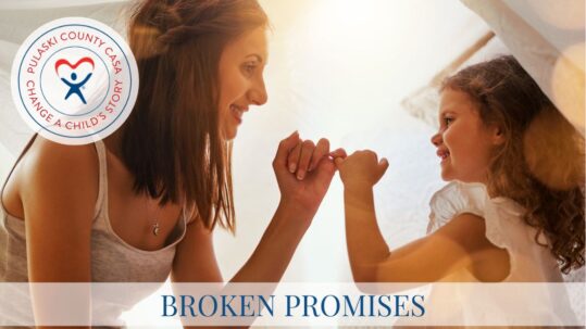 A woman and child looking at each other with linked pinkies making a pinkie promise.
