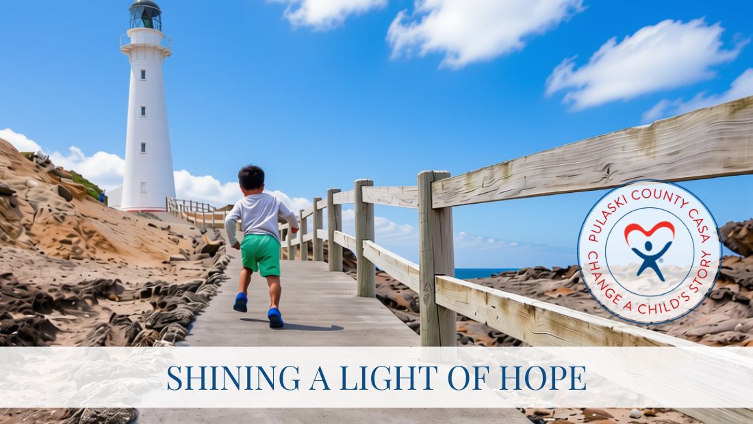 Young Boy walking toward a light house on a sunny day. With the text "Shine a Light of Hope"